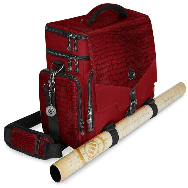 ENHANCE Collector's Edition RPG Adventurer's DnD Bag - Dragon Hide Exterior Travel RPG Bag with Tabletop Miniatures Storage Vault, Mat Holder, DnD Dice & Token Pockets, Fits 4-8 Books (Dragon Red)
