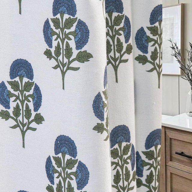 Blue Floral Shower Curtain Hookless - 72x72 Inches,Cotton Blend Cloth Fabric,Girly Cute Coquette Style with Green Block Print for French Country Bathroom Decor