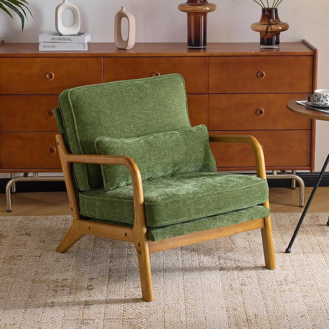 Karl home Mid Century Modern Accent Chair with Lumbar Pillow & Oak Arms – Plush Chenille Living Room Chair for Bedroom, Lounge (Olive Green)