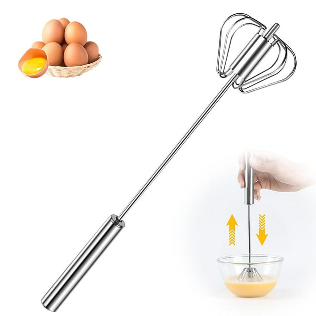 Stainless Steel Semi-Automatic Whisk, 2025 Upgraded Stainless Steel Egg Whisk Hand Push Rotary Whisk, Hand Push Mixer Stirrer Tool for Cooking Kitchen Home Egg Milk (10in)