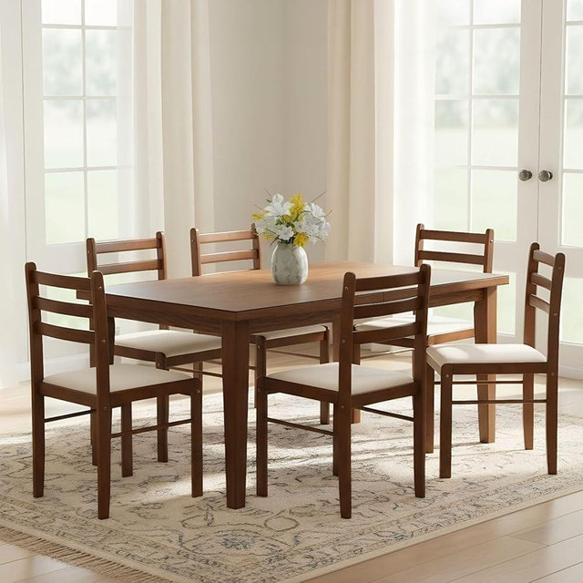 ROCITY Wood Dining Chairs Set of 6 Walnut Wooden Kitchen Chairs Armless Farmhouse Dining Room Chairs with Fabric Cushion, White Chenille Fabric