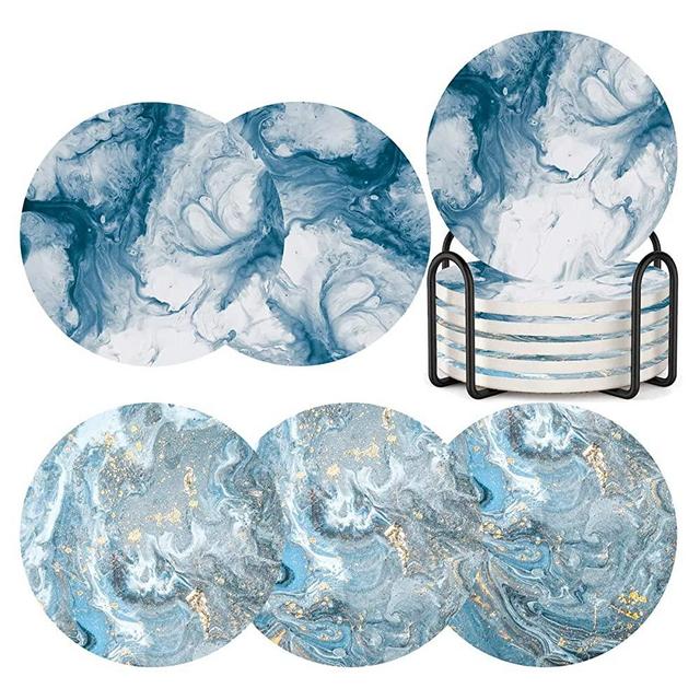 Coasters for Drinks with Holder,Marble Ocean Pattern Ceramic Absorbent Coasters with Cork Base,Prevent Table Scratched and Absorb Water Stains,Xmas Housewarming Gifts Pack of 6