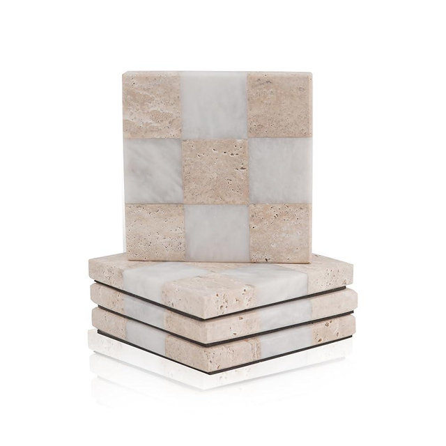 EarthenTones Marble Coasters Set of 4, 4" Travertine & White Desk Coasters for Drinks, Handmade Stone Cup Coaster, Stylish Kitchen Décor & Functional Home Décor Piece
