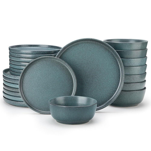 vancasso Plates and Bowls Sets, 24 Pieces Stoneware Dinnerware Set for 8, Ceramic Dish Set for Kitchen, Microwave and Dishwasher Safe, Smoky Teal, Series ZERMATT