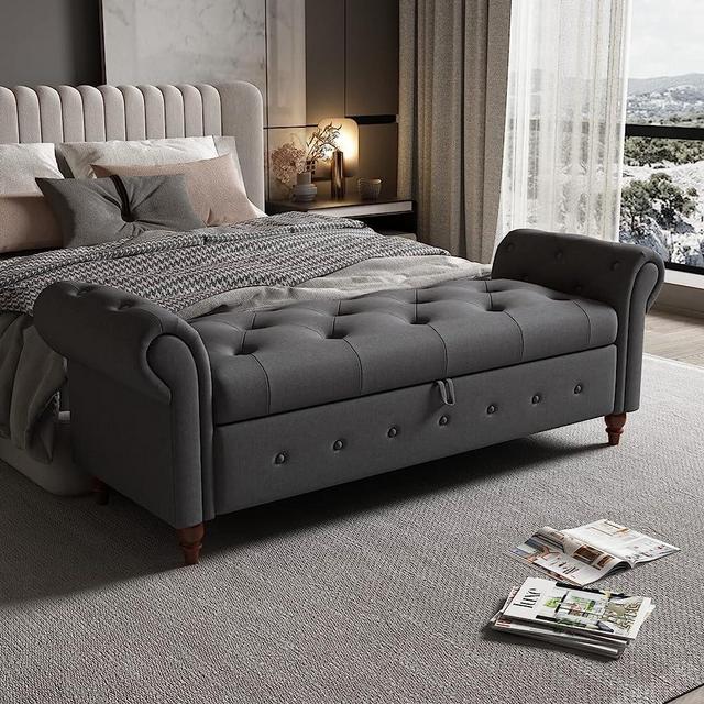 NIOIIKIT 63'' Storage Ottoman Bench, End of Bed Button Tufted Ottoman Bench, Rolled Armed Ottoman Couch Long Bench for Bedroom, Living Room, End of Bed, Hallway (Grey, Polyester)