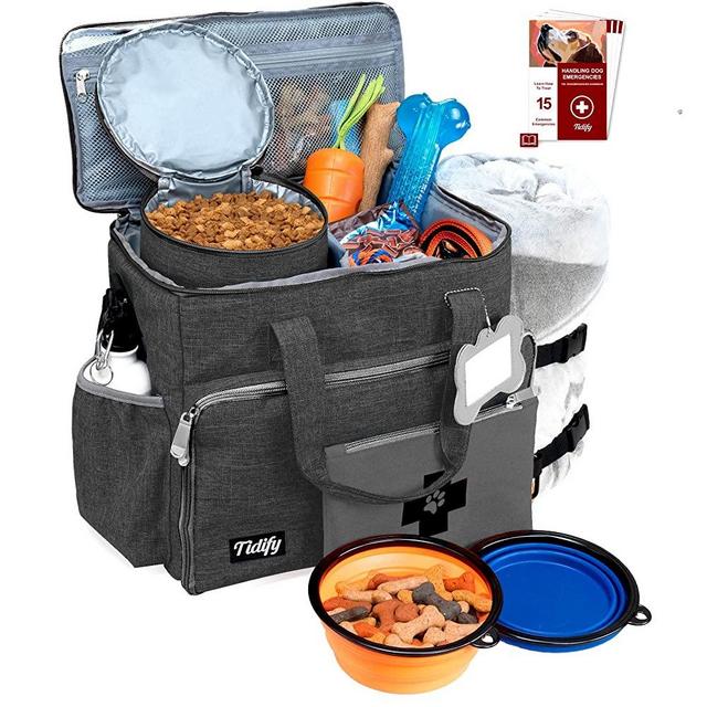 Dog Travel Bag Week Away/Overnight Accessories Organizer - Pet First Aid Pouch Airline Approved 2 Food Storage Containers and Collapsible Bowls Water Resistant for Small, Medium & Large Dogs Charcoal