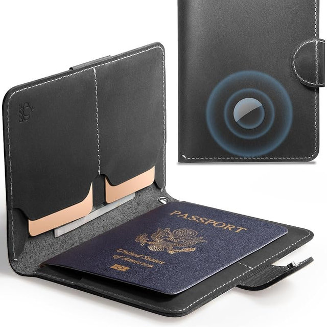 XGUO RFID Passport Holder for Travel with Hidden Airtag Slot – Genuine Leather Passport Wallet, Travel Gift for Men & Women