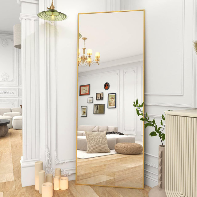 HOMLUX 64"x21" Rectangular Leaning Floor Mirror Full Length Standing Mirror Bathroom,Gold