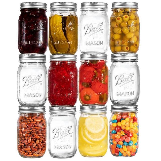 Ball Regular Mouth Mason Jars 32 oz. (12 Pack) - Pint Size Jars with Airtight Lids and Bands for Canning, Fermenting, Pickling, Meal Prep or DIY Decors and Projects Bundled with Peaknip Jar Opener