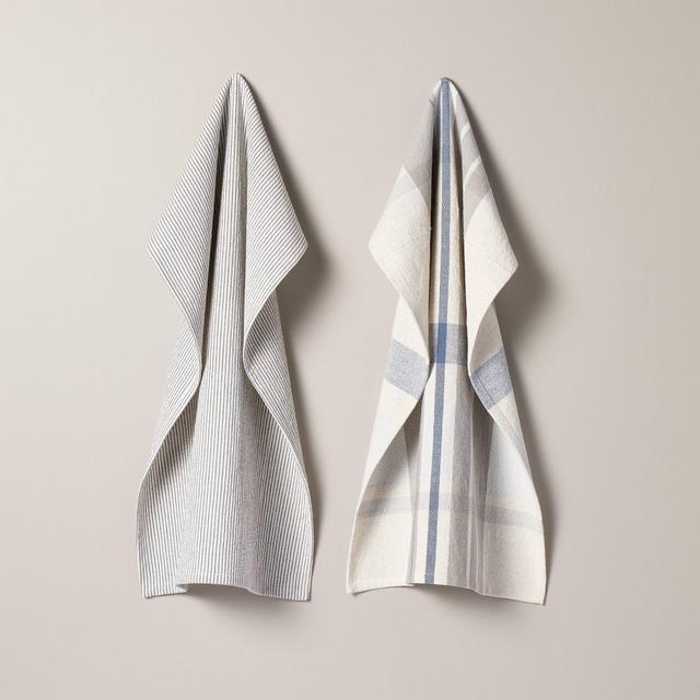 2ct Plaid & Stripe Kitchen Towels Blue/Gray/Cream - Hearth & Hand™ with Magnolia