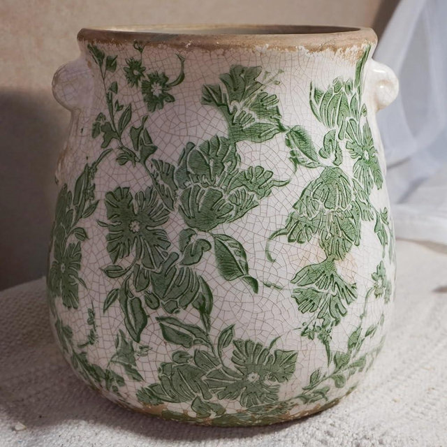 SincereLuxe Vintage Ceramic Vase with Green Floral Pattern, White and Green, Crackle Glazed Finish, Decorative Garden Design (Large - Belly Jar with Drainage Hole)