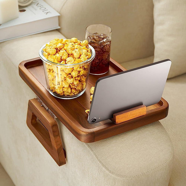 Tinamo Acacia Wood Sofa Armrest Tray -Sofa Arm Tray Table Clip - Couch Arm Table for Wide Couches - Wooden Side Tables 360°Rotating Bracket Phone Holder (with Phone Holder)