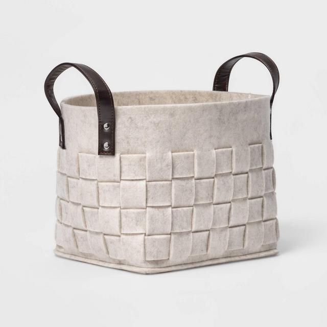 Small Woven Felt Rectangular Basket with Faux Leather Handles White - Threshold™