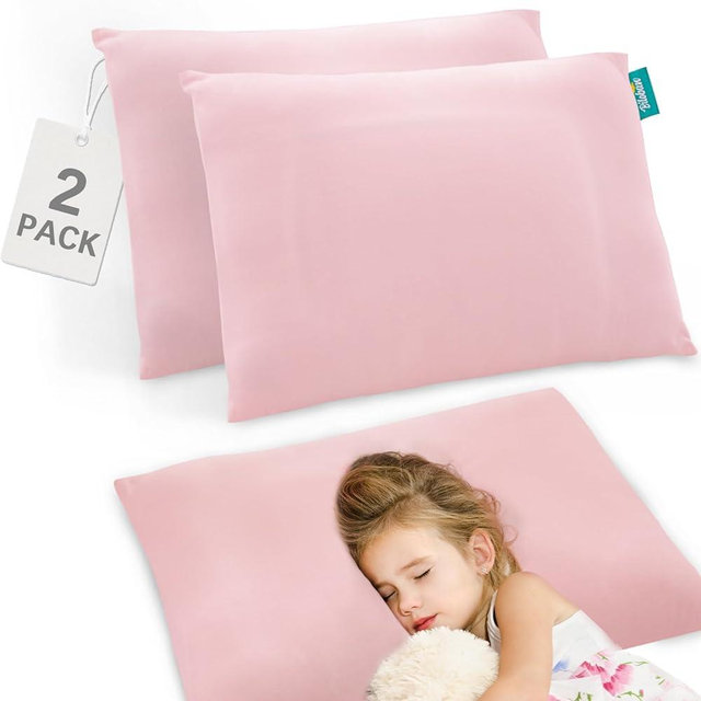 Thin Toddler Pillow 2 Pack with Pillowcase (13 x 18), Cotton Kid Pillow for Sleeping, Machine Washable Soft Travel Pillow, Toddler Use Only, Age 2 (Pink)