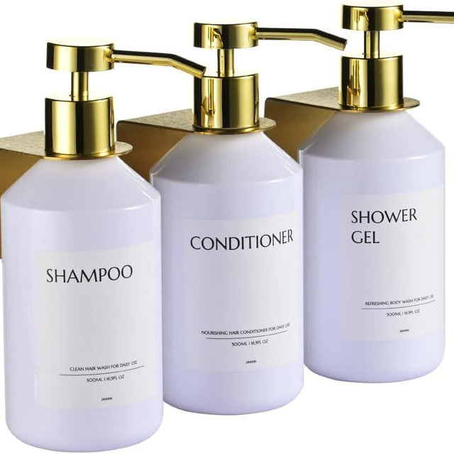 JANXIN Shampoo and Conditioner Dispenser Set of 3 for Wall Mount,16.9 fl oz Drill Free Shower Soap Bottles with Labels,Refillable Body Wash Dispensers for Bathroom Decor (White Bottles + Gold Pumps)