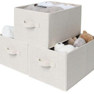 StorageWorks Foldable Shelf Organizer Bins, Closet Storage Baskets for Clothes, Fabric Storage Bins for Shelves, Beige Stripes, 3-Pack, Large