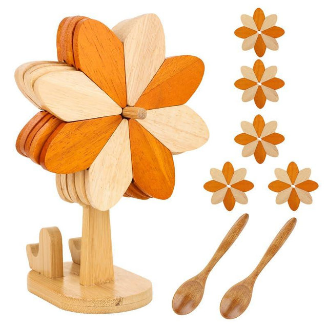 Qazkuam Wooden Trivets for Hot Dishes, Expandable Flower Trivet Set with Holder, Heat Resistant Collapsible Pot Holders, Kitchen Decor Gift, Two Tone