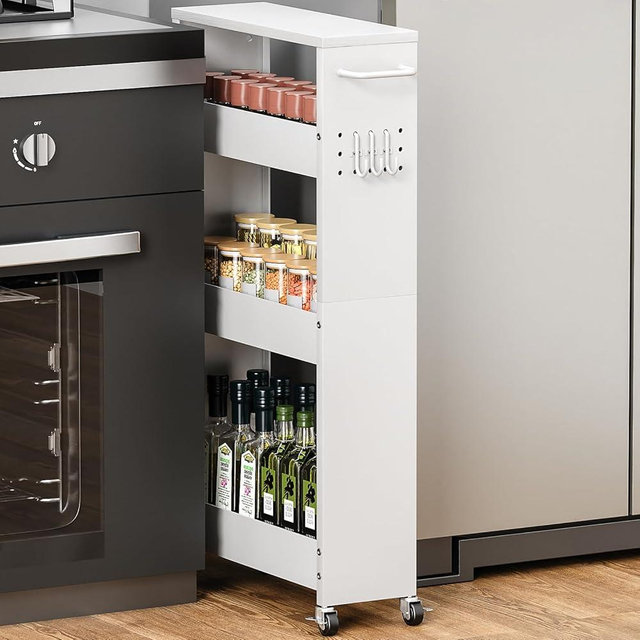 XYZLVSI Slim Storage Cart, 4 Tier Rolling Kitchen Cart on Wheels for Small Space, Narrow Laundry Bathroom Organizers Mobile Shelving Unit Metal Utility Cart with Handle, 5.9in Width, White