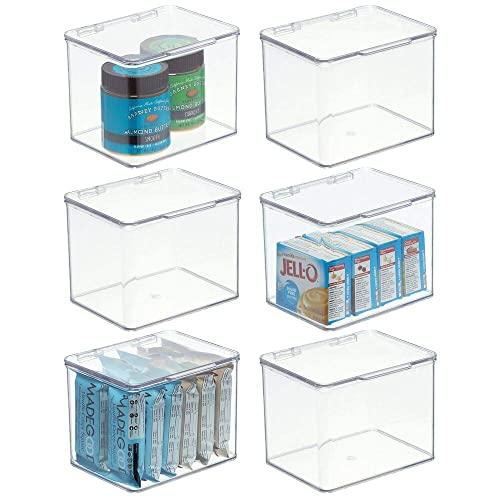mDesign Plastic Stackable Kitchen Pantry Cabinet or Refrigerator Food Storage Container Bin, Attached Hinged Lid - Organizer for Snacks, Produce, Pasta - BPA Free - Deep Container - 6 Pack - Clear