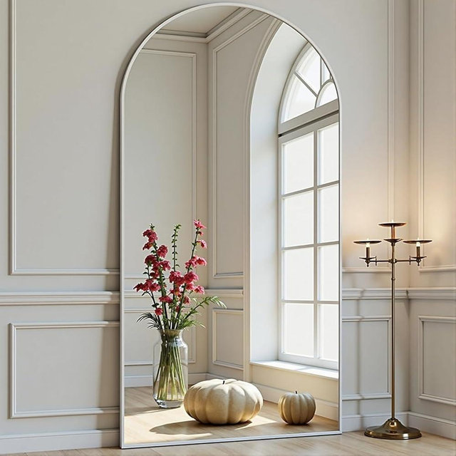 Prywot Full Length Mirror, 71"x30" Arched-Top Floor Mirrors, Modern Full Body Mirrors with Stand, Wall Mirror with Aluminum Alloy Frame for Bedroom,Living Room, White
