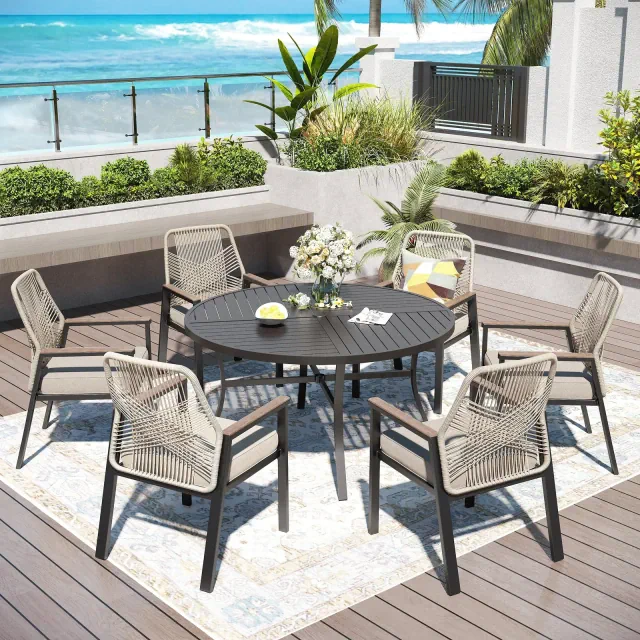 Captiva Designs 7pc Patio Dining Round Slat-top Steel Table with Umbrella Hole & Beige Rattan Fixed Chairs