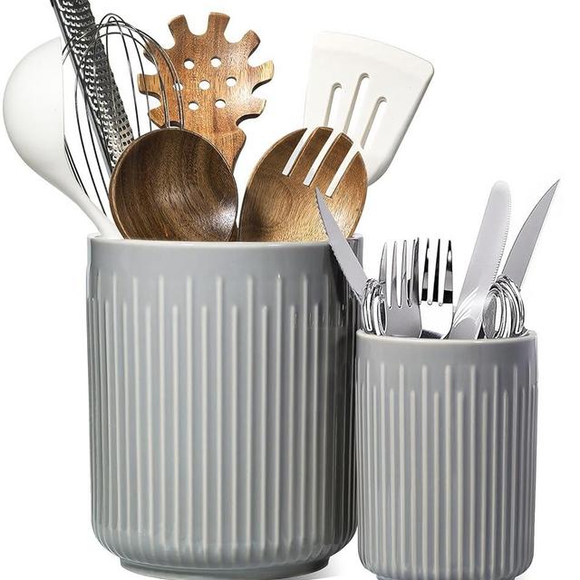 Linksandt Utensil Holder, 7.3"+5.4" Ceramic Kitchen Utensil Holder for Countertop, Large Cooking Utensil Crocks for Kitchen Counter, Kitchen Organizer Decor, Spatula Cutlery Holder, Set of 2, Grey
