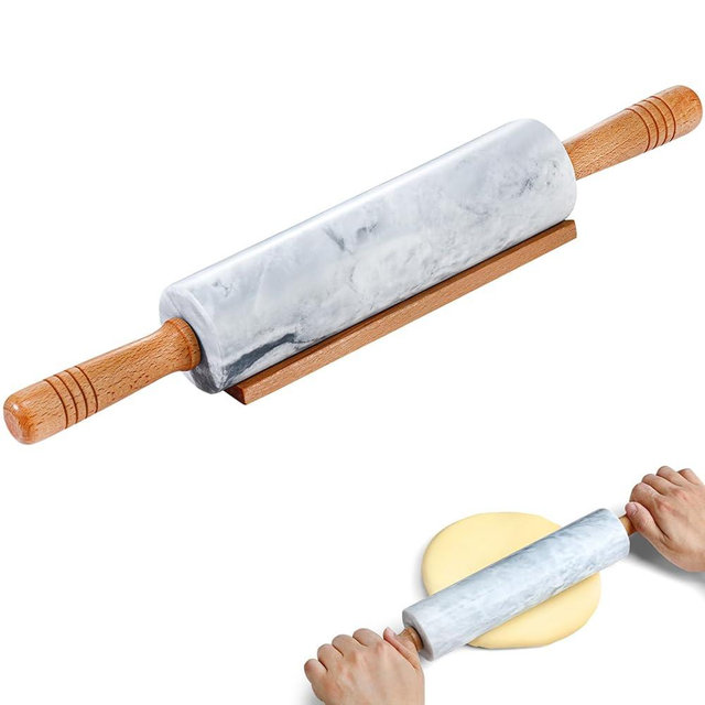Gymdin 18.9-inch Marble Rolling Pin with Wooden Handles & Base - Marble Rolling Pins for Baking, Pastry, Pizza Dough & More - Polished Non-Stick Surface, Long Dough Roller