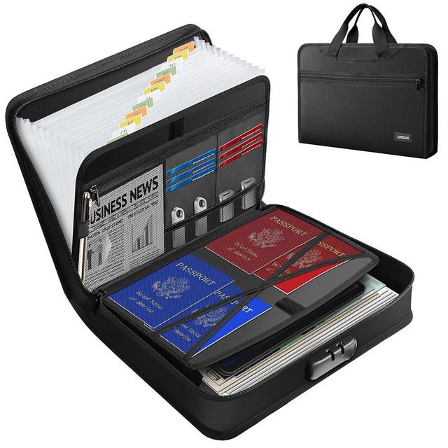 JUNDUN Accordion File Organizer with Lock,Multi-Pockets Fireproof Document Organizer with Handle & Zipper - 13 Pockets Expanding File Folder with Labels for Letter A4 Files and More