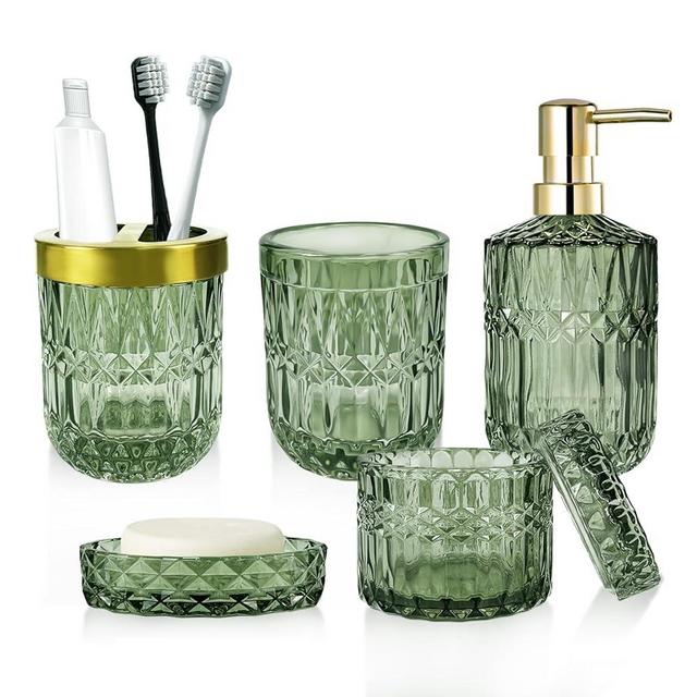 Premium Green Glass Bathroom Accessories Set (5PCS) - Tumbler, Cotton Swab Jars, Soap Dish, Soap Dispenser and Toothbrush Holder Set, Retro-Modern Bathroom Decor Sets, Gift for Wedding or Housewarming