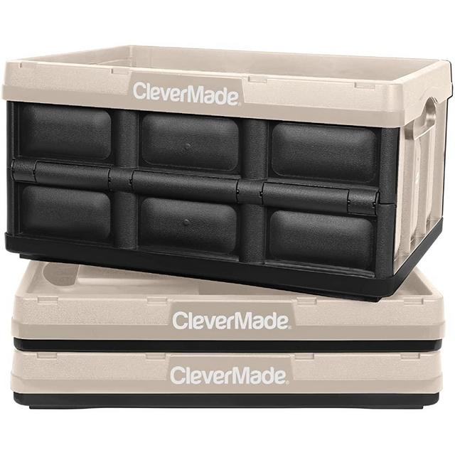 CleverMade 32L Collapsible Storage Bins - Folding Plastic Stackable Utility Crates, Solid Wall, No Lid, 3 Pack, Tan