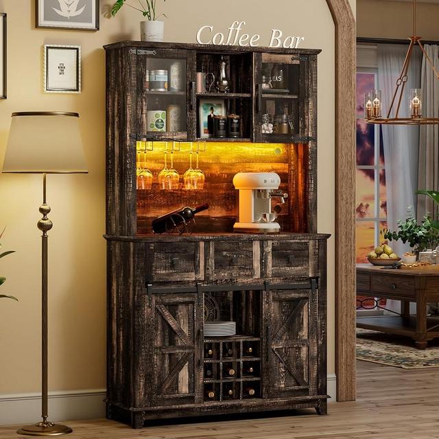 LUXOAK 72" Coffee Bar Wine Cabinet with Sliding Barn Door & LED Lights, Sideboard Buffet Cabinet with Wine Bottle Rack, 3 Drawers, Storage Cabinet for Kitchen, Dining Room, Dark Rustic Oak