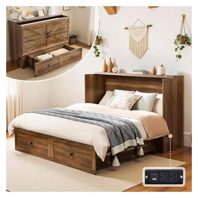 AMERLIFE Full Murphy Bed Cabinet with Charging Station, Foldable Panel, Storage Drawer, Barnwood