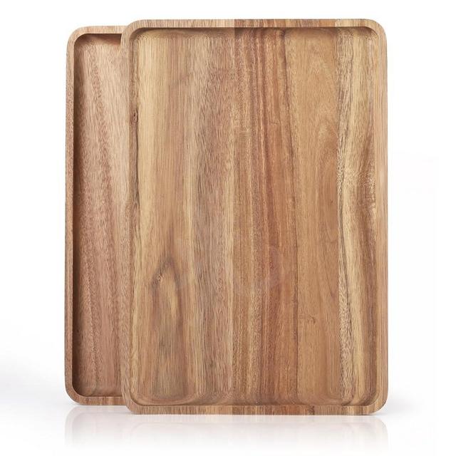 2 PCS Solid Acacia Wood Serving Trays Rectangular Wooden Serving Platters Natural Wooden Boards for Bar Coffee Party 13 * 9 inch （Wood Log Color）