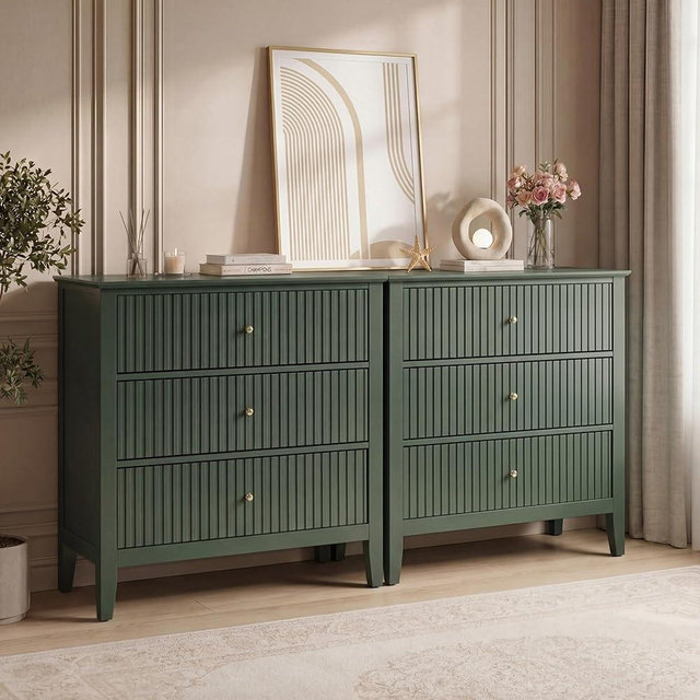 RoyalCraft Large 3 Drawer Dresser Set of 2, Fluted Chest of Drawers with Storage, Modern Painted 30 inch Tall Nightstand for Bedroom Living Room Entryway, Dark Green