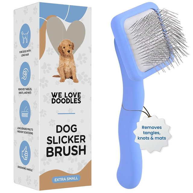 We Love Doodles Dog Slicker Brush for Grooming Pet Hair - Best Brushes For Poodle & Golden Doodle - Long Haired Coat Hairbrush - Goldendoodle Long Pin Brush For Dematting (Extra Small)