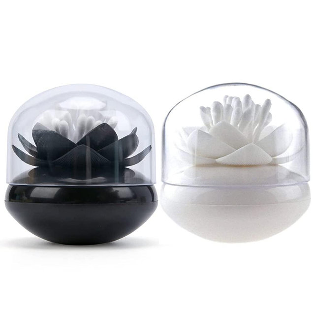Bloss 2 Pack Qtip Holder Dispenser with Lid Lotus Cotton Swab Holder Cotton Swabs Bud Small QTips Box Toothpicks Holder Flower Bathroom Decor (Black + White)…