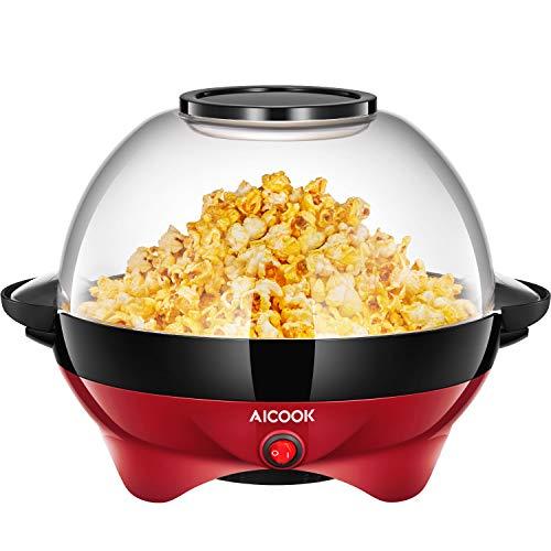 AICOOK Electric Hot Oil Popcorn Popper Machine, Popcorn Maker with Stirring Rod Offers Large Lid for Serving Bowl and Convenient Storage, 6-Quart/24-Cup, Red