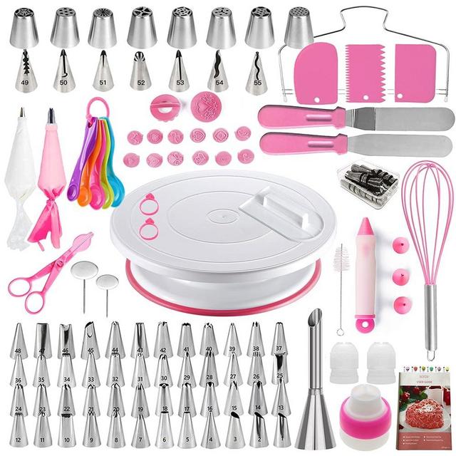 Cake Decorating Supplies Kit with Ebook, Cake Turntable for Decorating, 64 Icing Ping Tips, 32 Piping Bags,3 Icing Scrapers, 2 Spatulas, 14 Fondant Mould, Cake Leveler for Baking Beginners