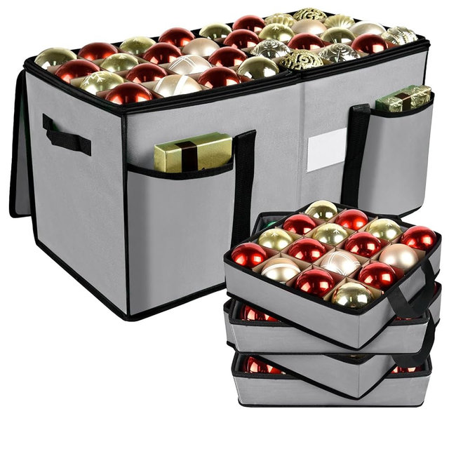 Christmas Ornament Storage Box with Dividers, Christmas Balls Storage Containers with Zipper & 8 Removable Trays, Holds Up to 128 Balls - 600D Oxford Christmas Decoration Storage Organizer (Gray)