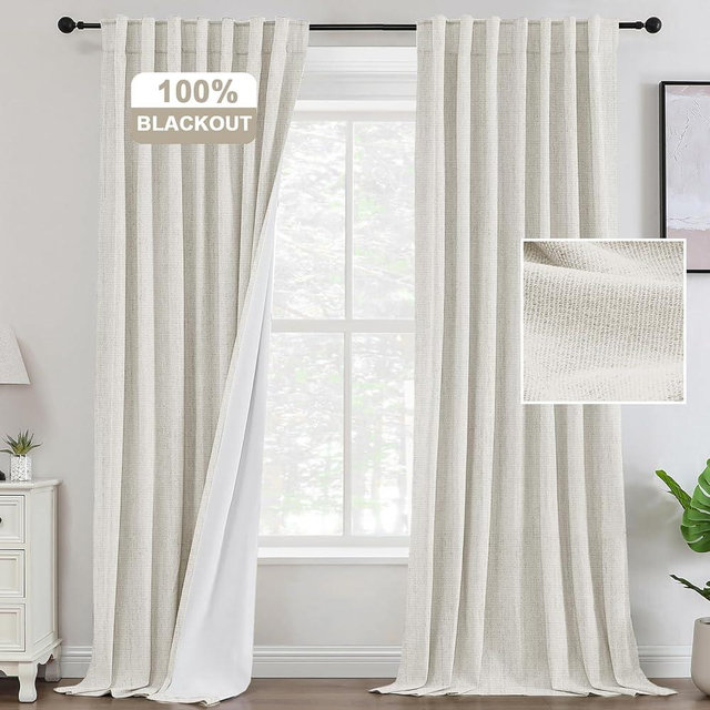 Turquoize Ivory White Linen Blackout Curtains 84 Inch Long Chenille Linen Curtains 100% Light Blocking Thermal Insulated Room Darkening Curtains for Living Room Bedroom Linen Black Out Drapes, Ivory