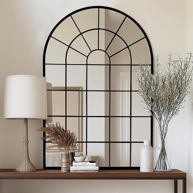 Deanurs Arched Window Metal Mirror, Black Large Rustic Windowpane Wall Mirror for Decor Living Room Entry Bedroom(32"x48")