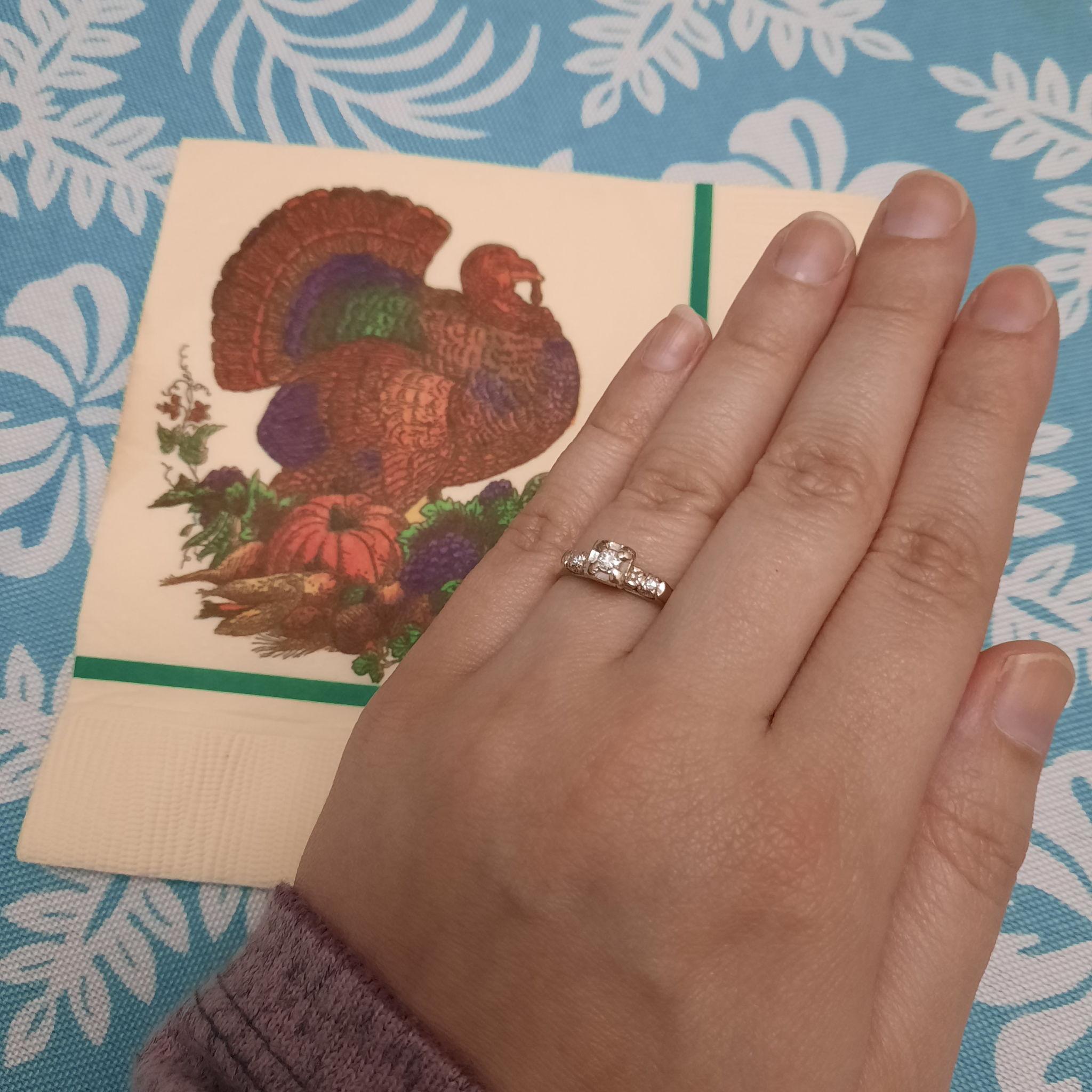 November 28th, 2024: A close-up of the ring with a decorative Turkey napkin, on Thanksgiving. Fun fact: the ring is a gift from Katie's grandmother.