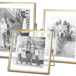 Gold Picture Frames Set of 3 — 4x4 4x6 5x7 Floating Glass Photo Frame Gift | Geometric Metal Design, Easy-Insert Tabletop Display for Mom, Office Living Room Bedroom Decor for Women