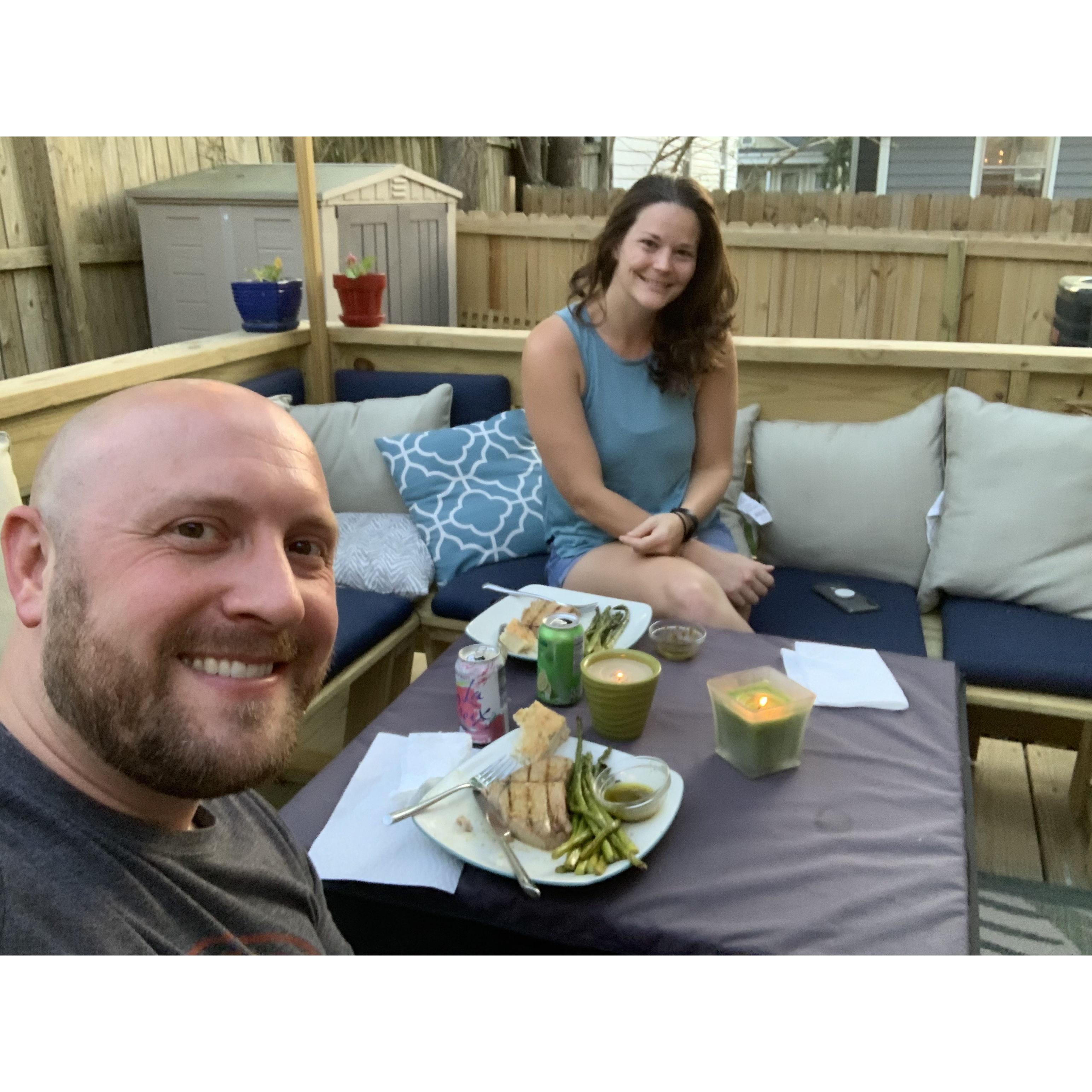 Enjoying a summer meal on the back porch