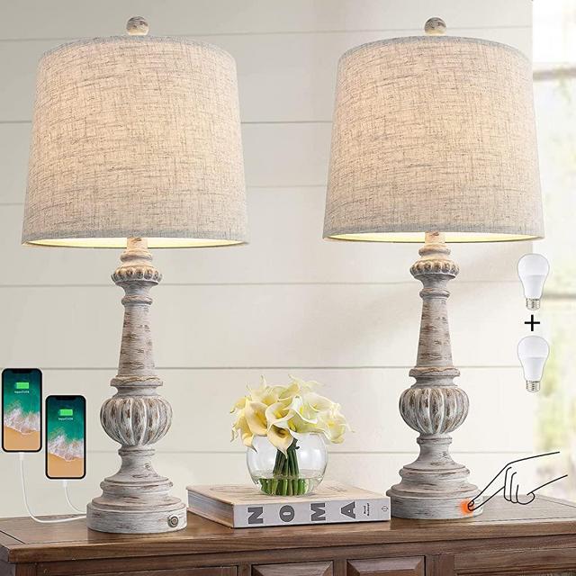 PORTRES 25.75'' Traditional 3-Way Dimmable Table Lamp Set of 2 for Living Room Bedside Nightstand Lamps with 2 USB Charging Ports for Bedroom Kids Room Rustic Table Lamps (2 Bulbs Included)