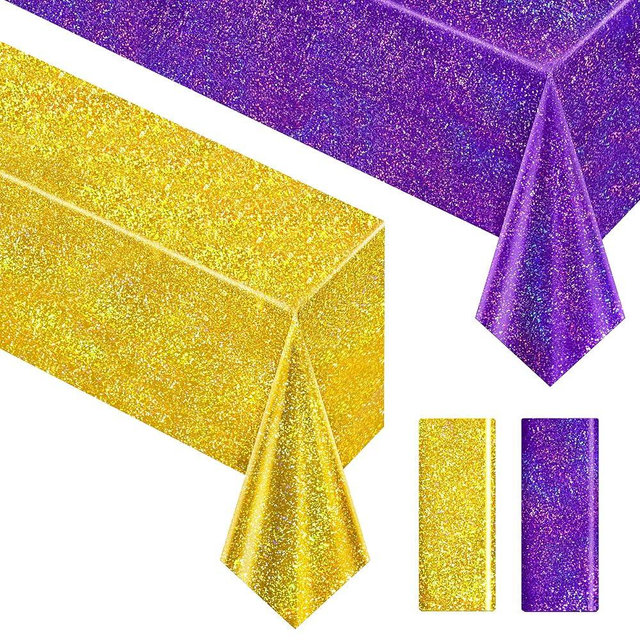 Purple & Gold Holographic Tablecloth 40" x 108" Iridescence Plastic Table Cloth for Valentine's Day, Birthday & Halloween Parties