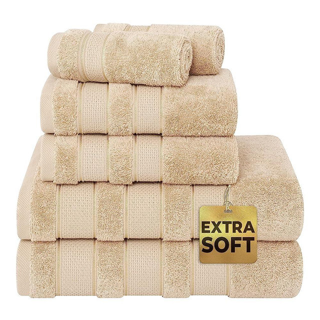 American Soft Linen Salem Bath Towel Set, 6 Piece Towels for Bathroom, 100% Turkish Combed Zero Twist Cotton, 2 Bath Towels 2 Hand Towels 2 Washcloths, Beige