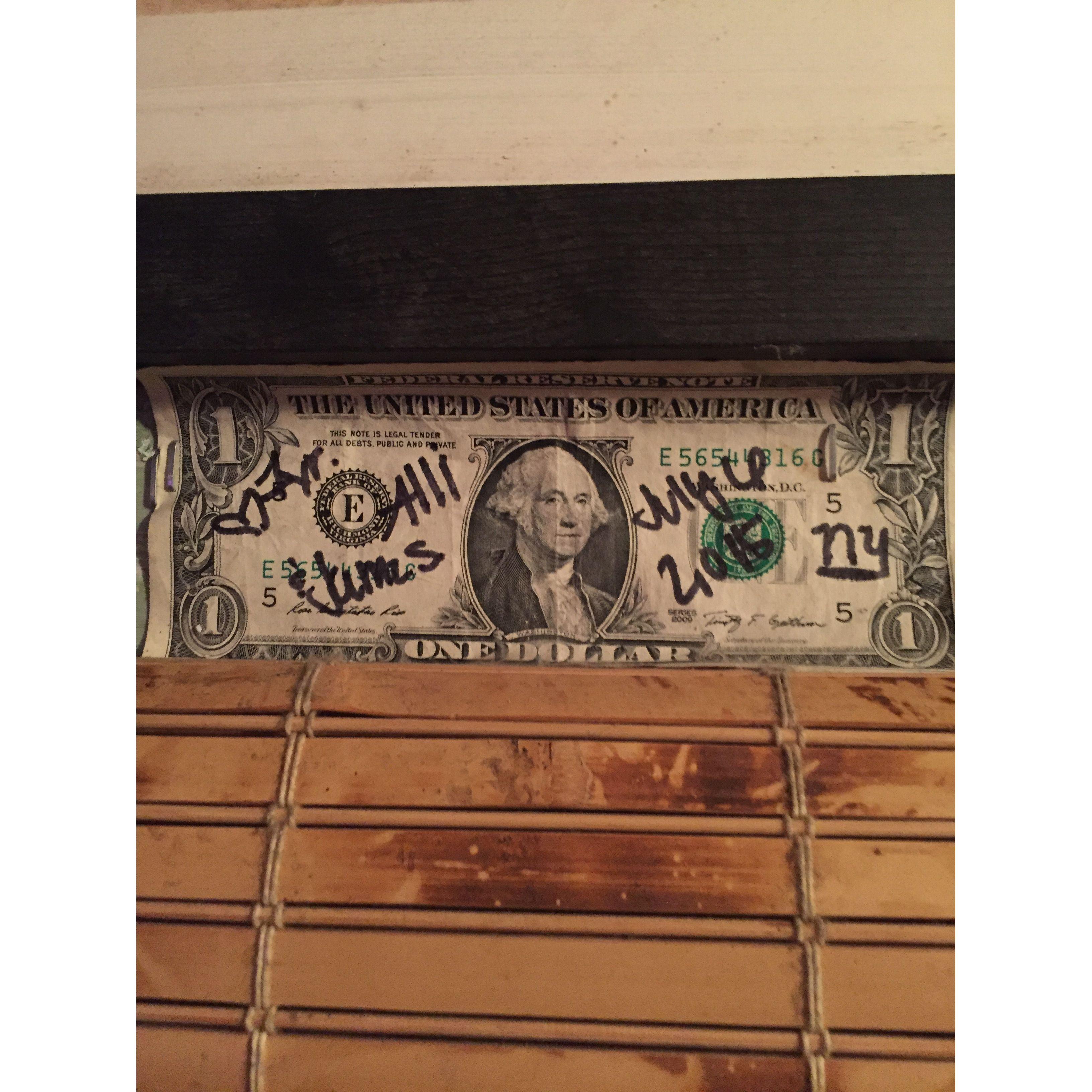1 year dollar still hanging up in the Surf Bar, Folly Beach, SC