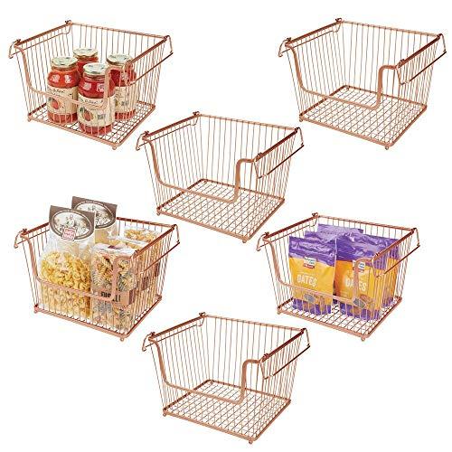 mDesign Modern Stackable Metal Storage Organizer Bin Basket with Handles, Open Front for Kitchen Cabinets, Pantry, Closets, Bedrooms, Bathrooms - Large, 6 Pack - Copper
