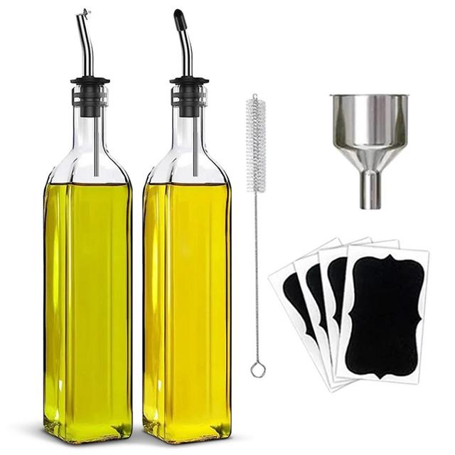 Cheer Collection 2-Pack Glass Olive Oil Dispensers with Funnel, Pour Spouts, Labels & Brush – 17oz Each Bottle